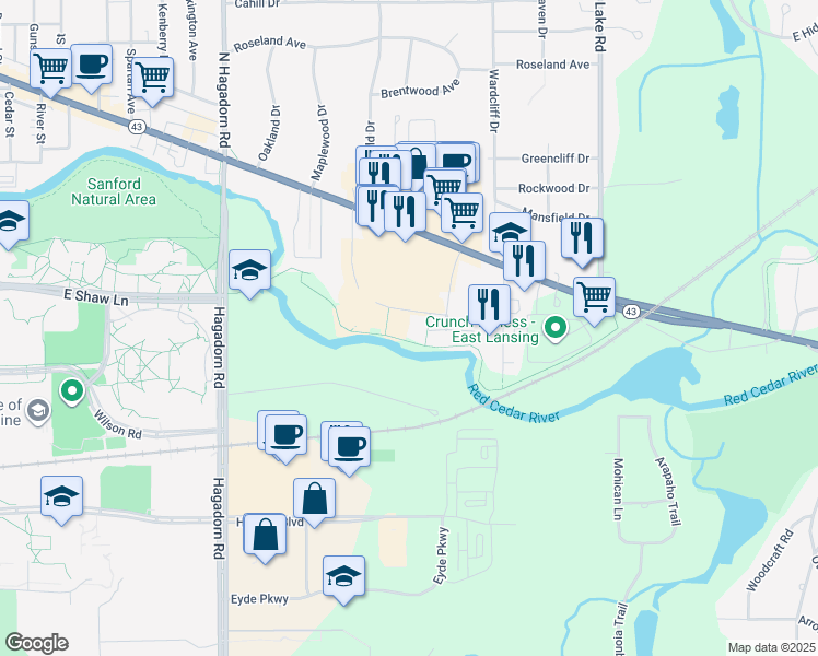 map of restaurants, bars, coffee shops, grocery stores, and more near 2815 Northwind Drive in East Lansing
