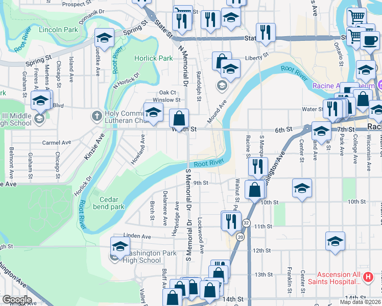 map of restaurants, bars, coffee shops, grocery stores, and more near 1424 Riverview Terrace in Racine