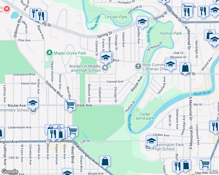 map of restaurants, bars, coffee shops, grocery stores, and more near 2340 Thor Avenue in Racine