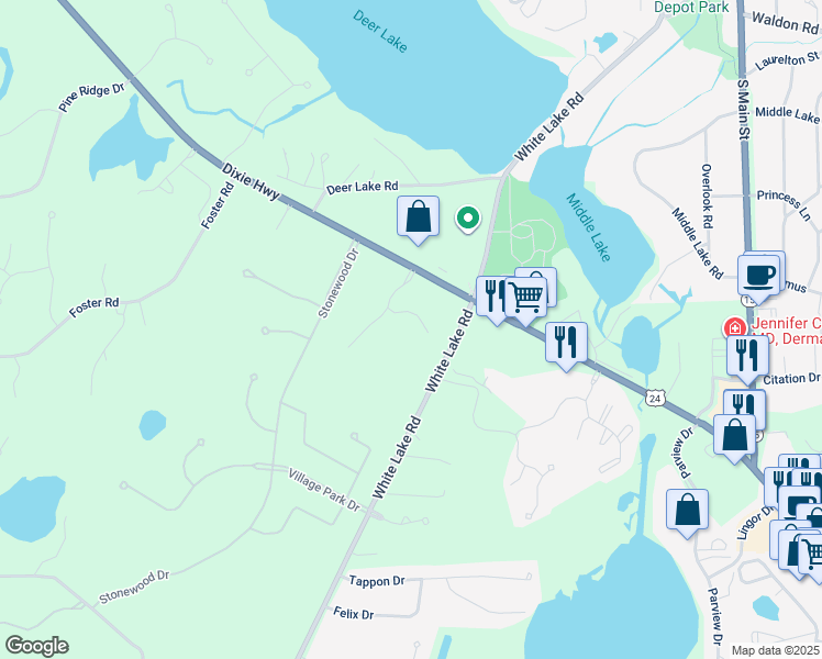 map of restaurants, bars, coffee shops, grocery stores, and more near 5700 Water Tower Place in Oakland County