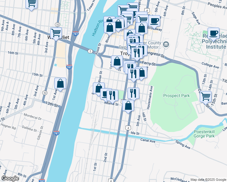 map of restaurants, bars, coffee shops, grocery stores, and more near 183 2nd St in Troy