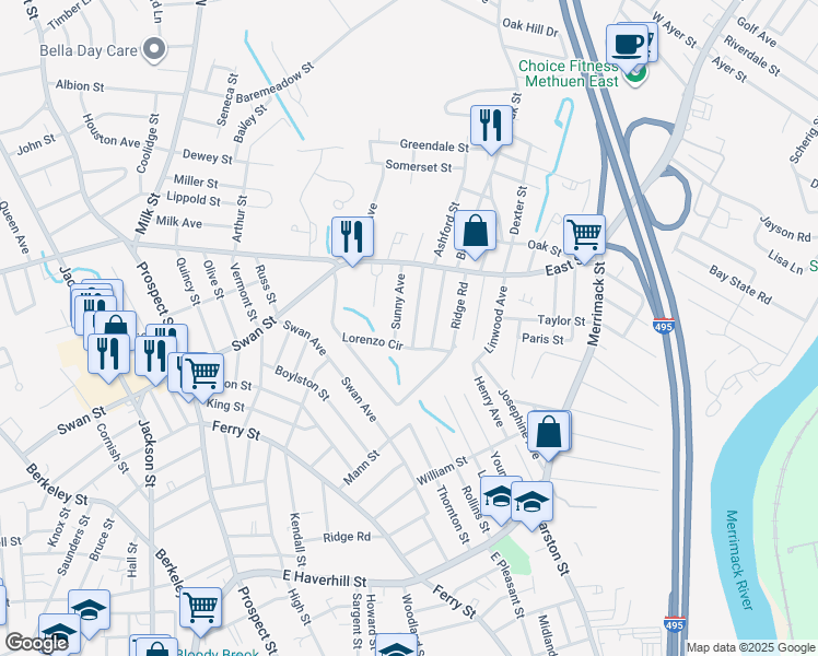 map of restaurants, bars, coffee shops, grocery stores, and more near 36 Weisner Parkway in Methuen