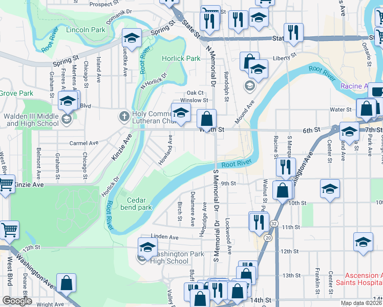 map of restaurants, bars, coffee shops, grocery stores, and more near 218 Frank Ave in Racine