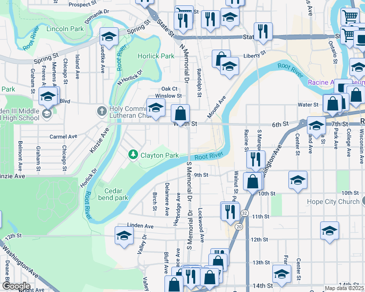 map of restaurants, bars, coffee shops, grocery stores, and more near 231 Harrison Street in Racine