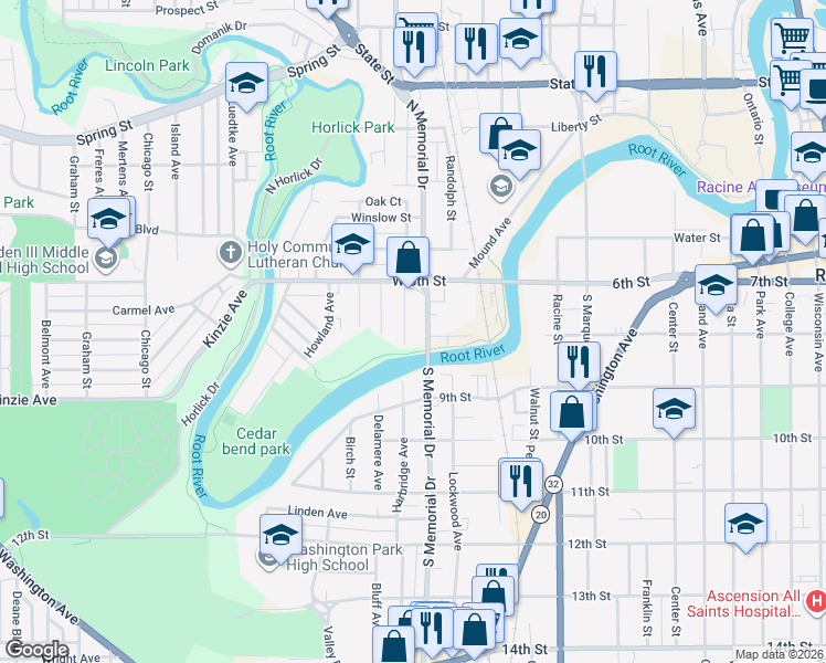 map of restaurants, bars, coffee shops, grocery stores, and more near 231 Harrison Street in Racine