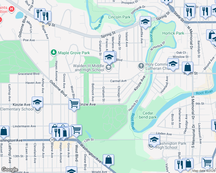 map of restaurants, bars, coffee shops, grocery stores, and more near 2340 Thor Avenue in Racine