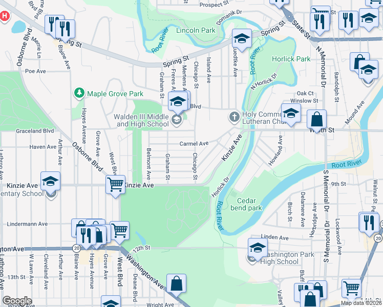 map of restaurants, bars, coffee shops, grocery stores, and more near 720 Chicago Street in Racine