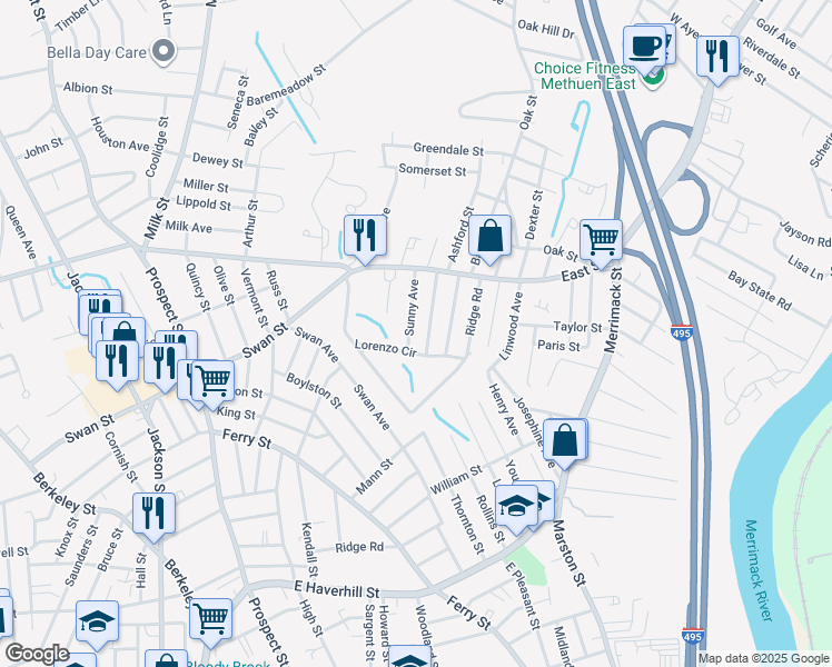 map of restaurants, bars, coffee shops, grocery stores, and more near 36 Weisner Parkway in Methuen