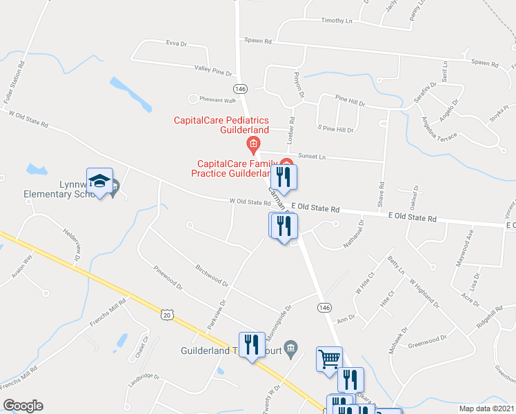 map of restaurants, bars, coffee shops, grocery stores, and more near 2984 West Old State Road in Schenectady