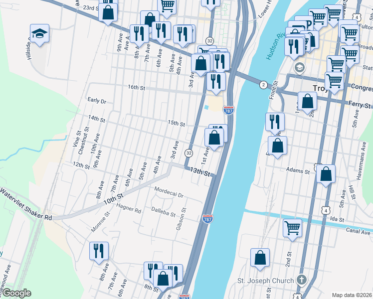 map of restaurants, bars, coffee shops, grocery stores, and more near 1330 3rd Avenue in Watervliet