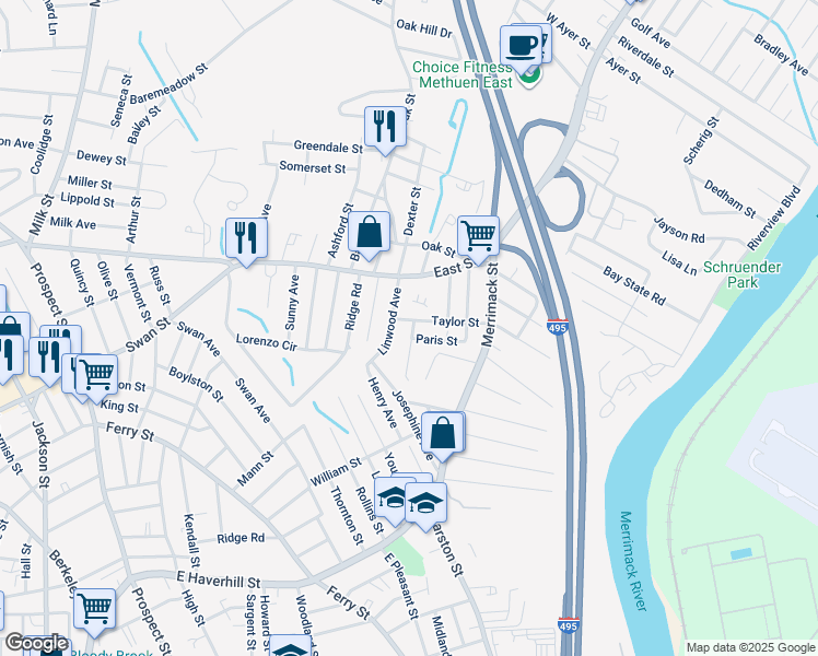map of restaurants, bars, coffee shops, grocery stores, and more near 11 Buco Avenue in Methuen