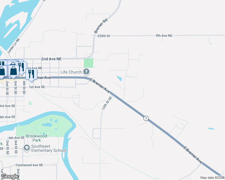 map of restaurants, bars, coffee shops, grocery stores, and more near 1213 East Bremer Avenue in Waverly