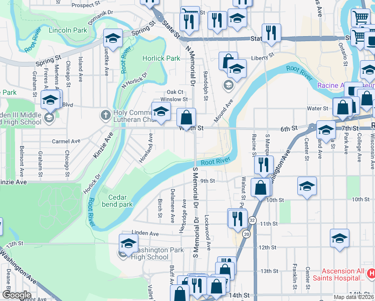 map of restaurants, bars, coffee shops, grocery stores, and more near 231 Harrison Street in Racine