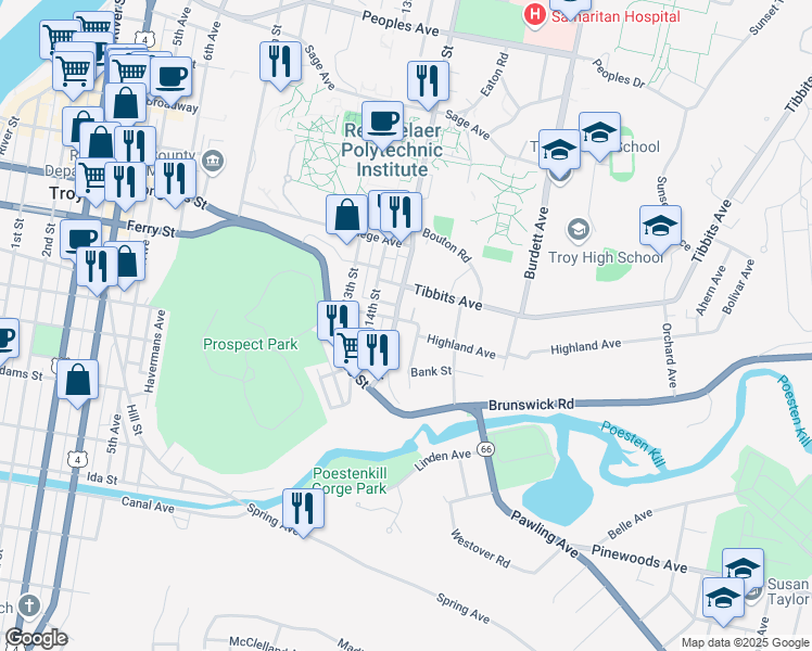 map of restaurants, bars, coffee shops, grocery stores, and more near 44 Christie Street in Troy