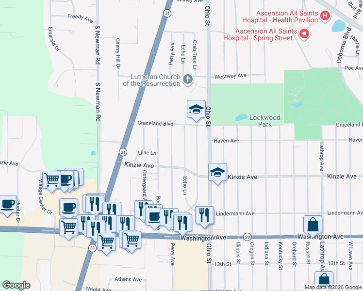 map of restaurants, bars, coffee shops, grocery stores, and more near 110 Echo Lane in Racine