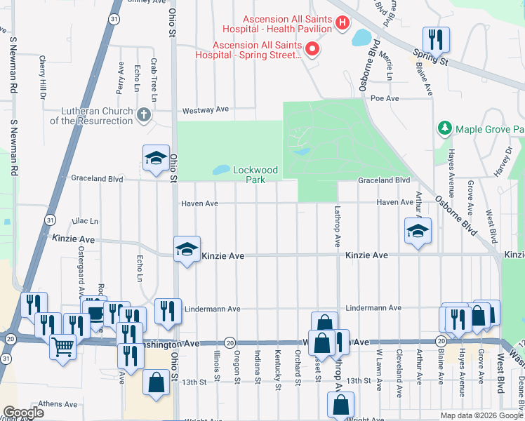 map of restaurants, bars, coffee shops, grocery stores, and more near 709 Indiana Street in Racine