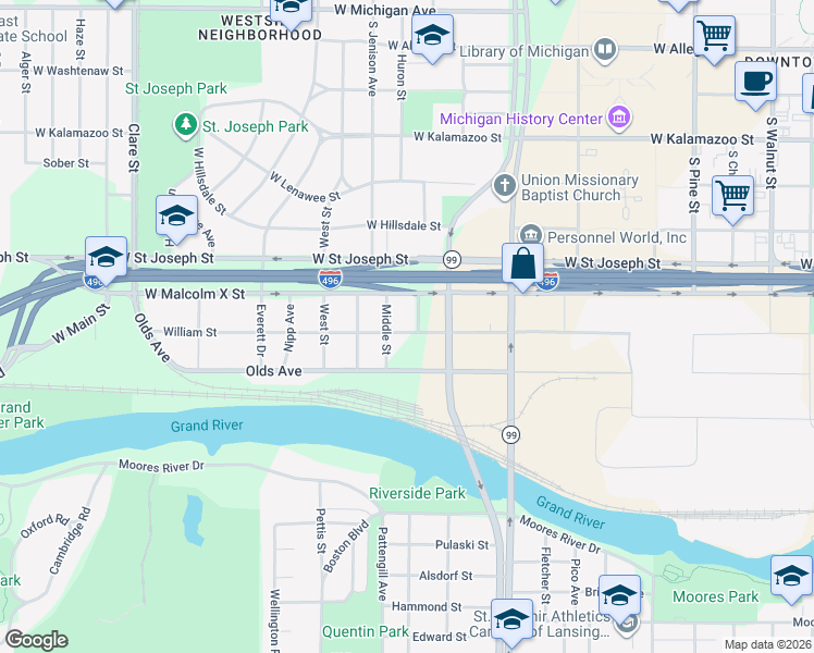 map of restaurants, bars, coffee shops, grocery stores, and more near 1408 William Street in Lansing