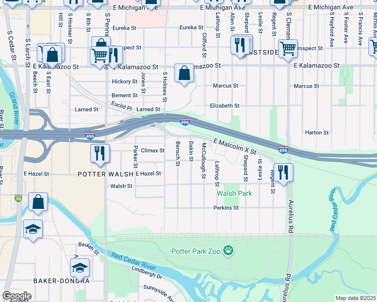 map of restaurants, bars, coffee shops, grocery stores, and more near 928 Dakin Street in Lansing