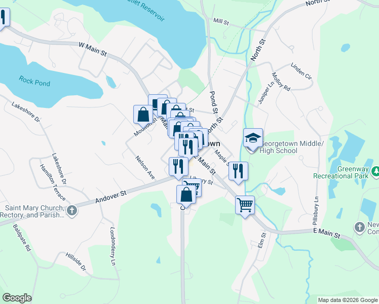 map of restaurants, bars, coffee shops, grocery stores, and more near 10 West Main Street in Georgetown