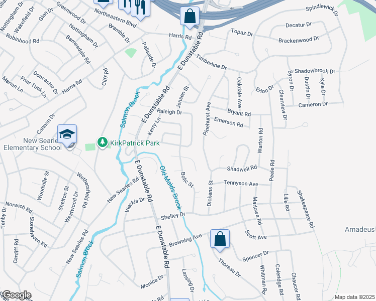 map of restaurants, bars, coffee shops, grocery stores, and more near 36 Raleigh Drive in Nashua