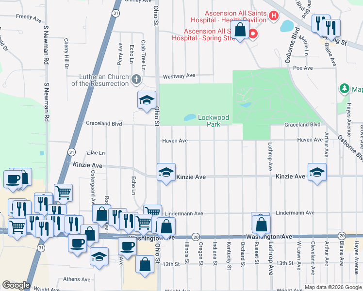 map of restaurants, bars, coffee shops, grocery stores, and more near 708 Illinois Street in Racine
