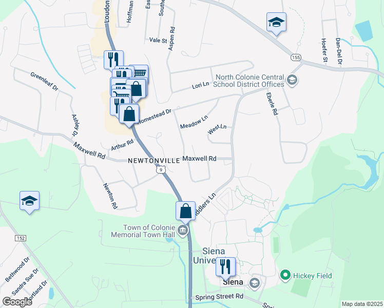 map of restaurants, bars, coffee shops, grocery stores, and more near 21 Maxwell Road in Latham