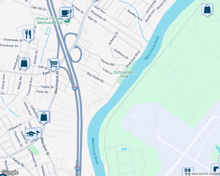 map of restaurants, bars, coffee shops, grocery stores, and more near 191 Bay State Road in Methuen