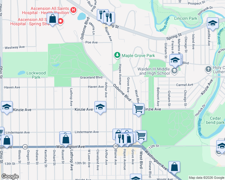 map of restaurants, bars, coffee shops, grocery stores, and more near 708 Blaine Avenue in Racine