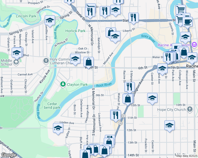 map of restaurants, bars, coffee shops, grocery stores, and more near 1424 Riverview Terrace in Racine