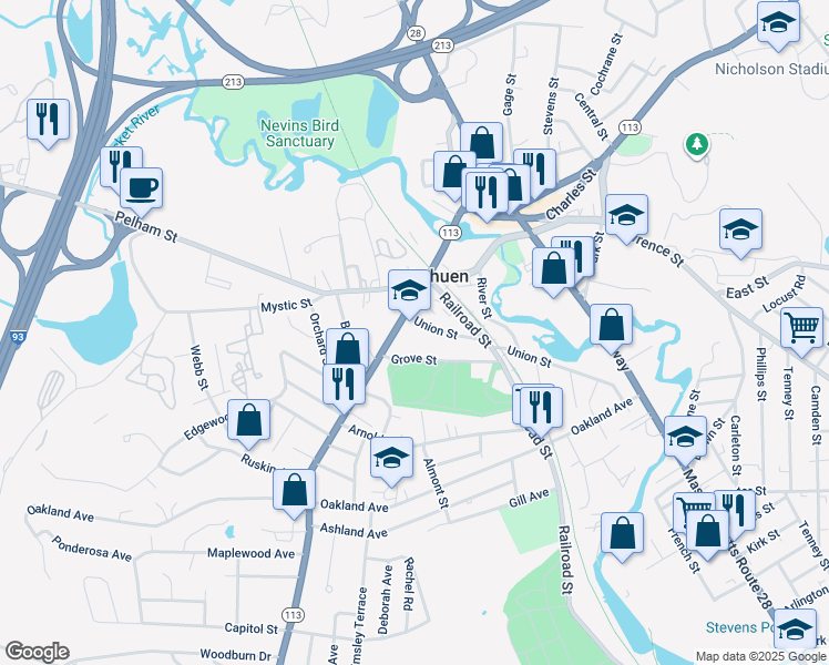 map of restaurants, bars, coffee shops, grocery stores, and more near 76 Union St in Methuen