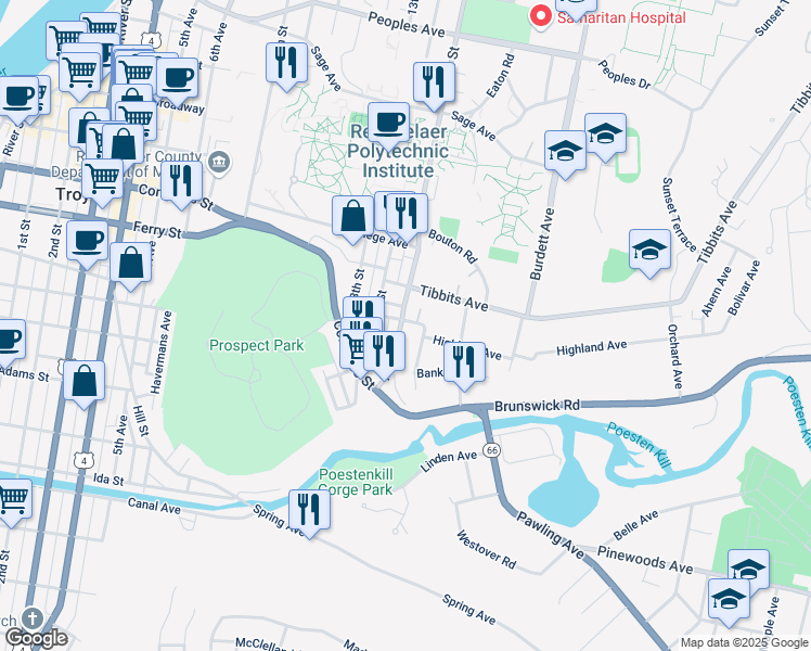 map of restaurants, bars, coffee shops, grocery stores, and more near 1328 15th Street in Troy