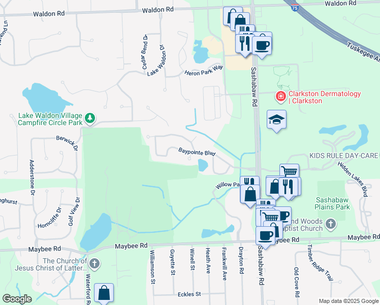 map of restaurants, bars, coffee shops, grocery stores, and more near 5900 Baypointe Boulevard in Clarkston