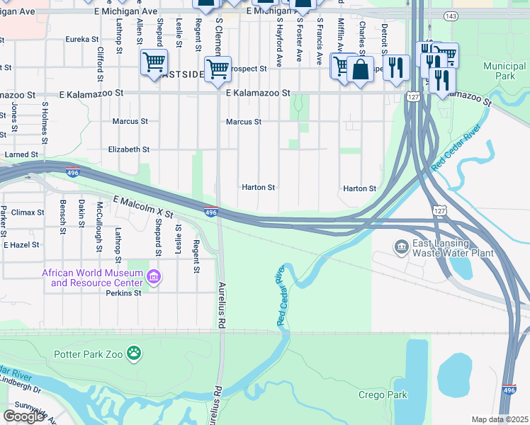 map of restaurants, bars, coffee shops, grocery stores, and more near 730 South Hayford Avenue in Lansing