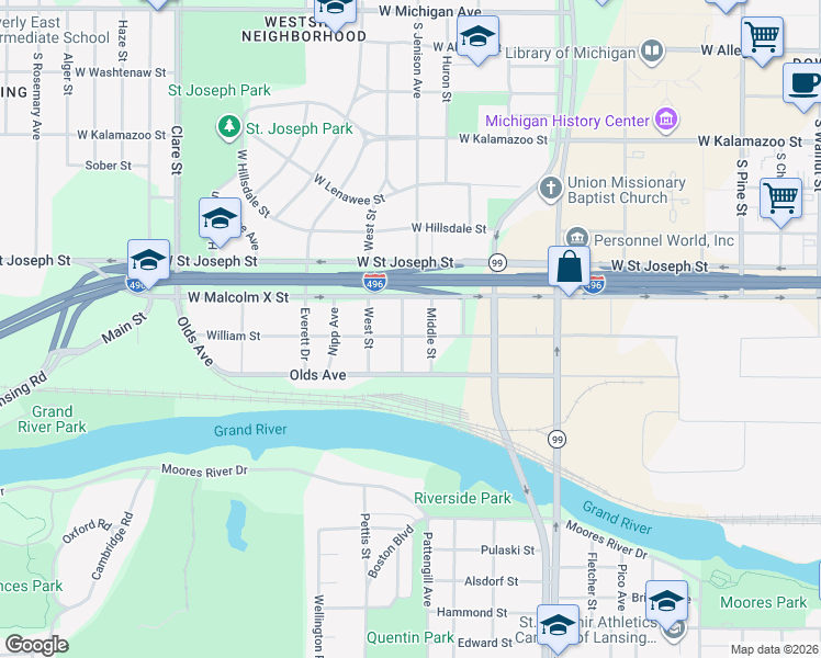 map of restaurants, bars, coffee shops, grocery stores, and more near 1516 William Street in Lansing