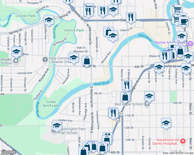map of restaurants, bars, coffee shops, grocery stores, and more near 1424 Riverview Terrace in Racine