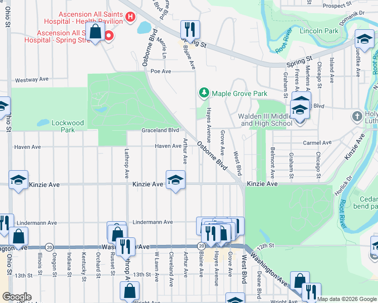 map of restaurants, bars, coffee shops, grocery stores, and more near 708 Blaine Avenue in Racine