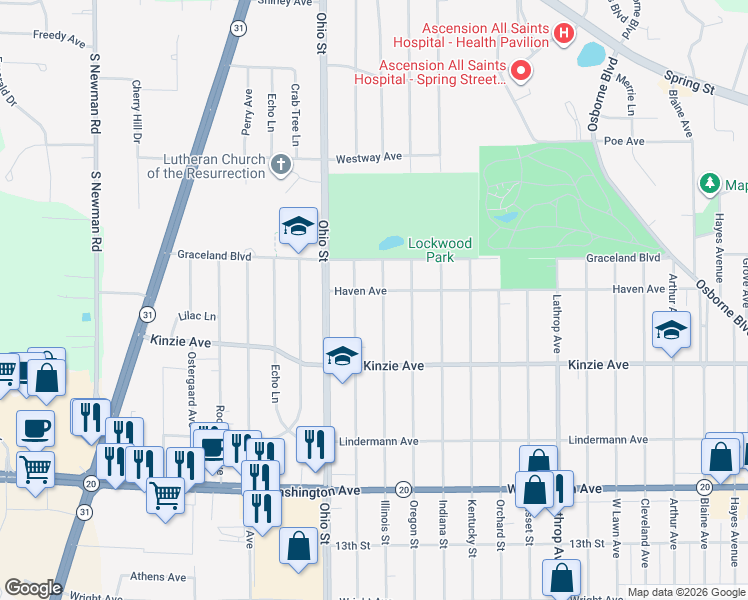 map of restaurants, bars, coffee shops, grocery stores, and more near 708 Illinois Street in Racine