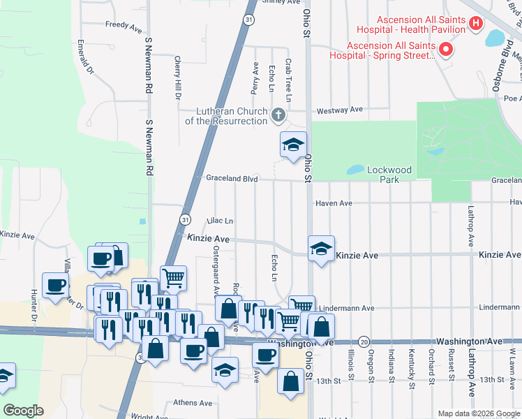 map of restaurants, bars, coffee shops, grocery stores, and more near 110 Echo Lane in Racine