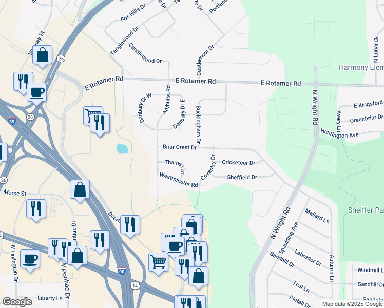 map of restaurants, bars, coffee shops, grocery stores, and more near 3276 Briar Crest Drive in Janesville