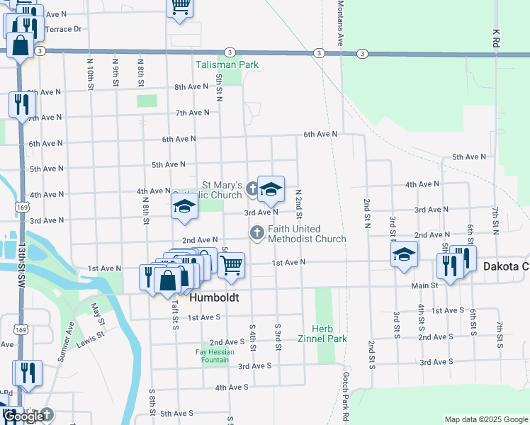 map of restaurants, bars, coffee shops, grocery stores, and more near 334 3rd Avenue North in Humboldt
