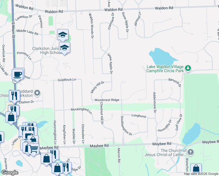 map of restaurants, bars, coffee shops, grocery stores, and more near 5945 Snow Apple Drive in Village of Clarkston