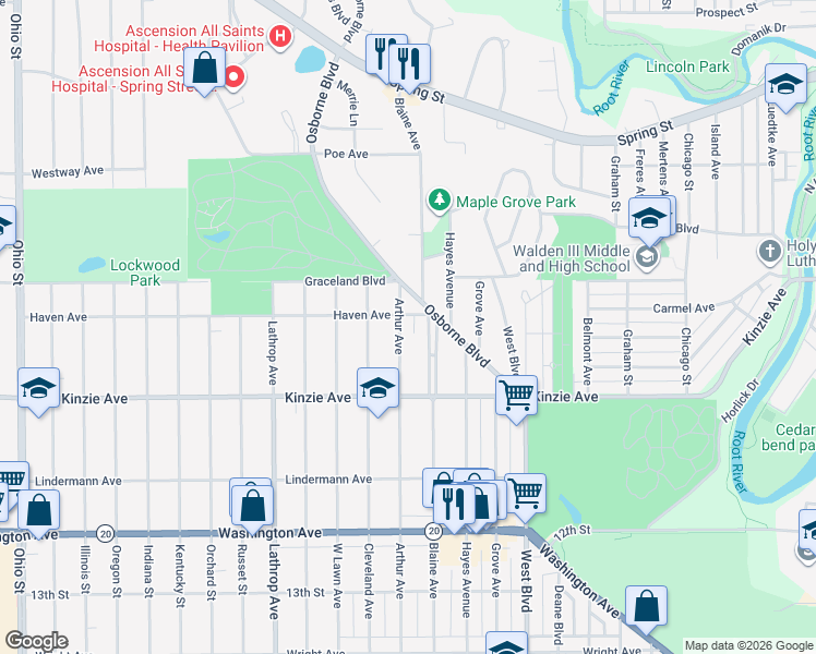 map of restaurants, bars, coffee shops, grocery stores, and more near 708 Blaine Avenue in Racine