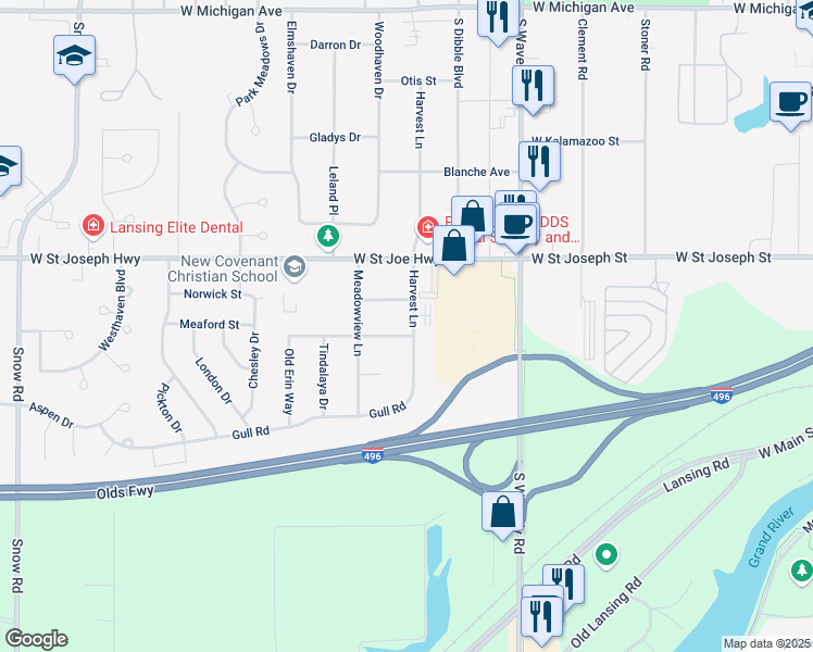 map of restaurants, bars, coffee shops, grocery stores, and more near 4202 Oakcrest Drive in Lansing