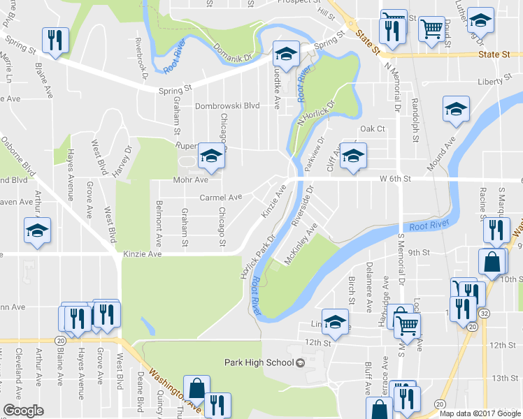 map of restaurants, bars, coffee shops, grocery stores, and more near 2108 Kinzie Avenue in Racine