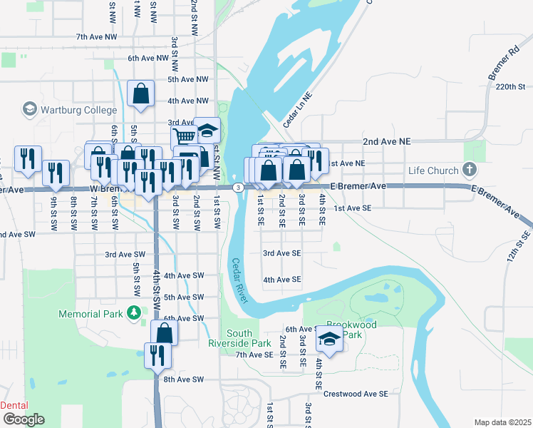 map of restaurants, bars, coffee shops, grocery stores, and more near 201 1st Street Southeast in Waverly