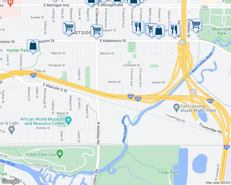 map of restaurants, bars, coffee shops, grocery stores, and more near 731 South Magnolia Avenue in Lansing