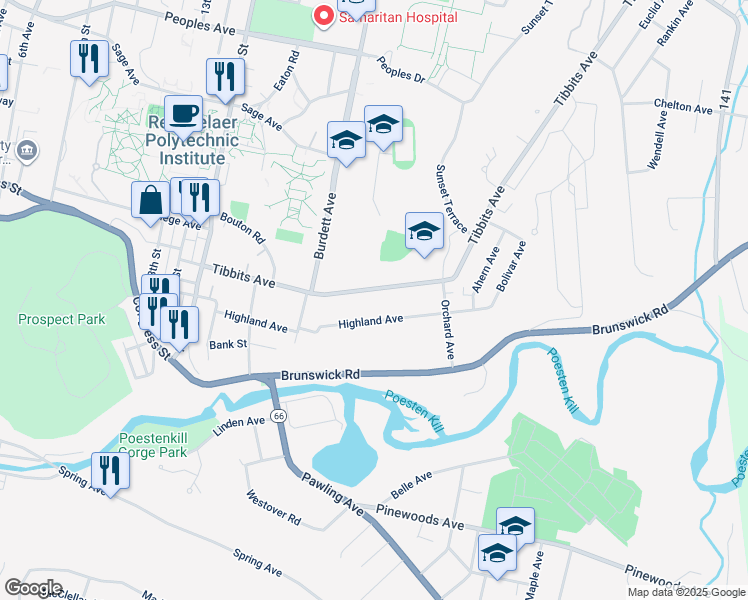 map of restaurants, bars, coffee shops, grocery stores, and more near 1651 Tibbits Avenue in Troy