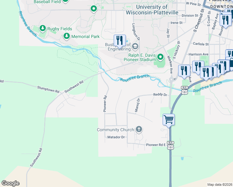 map of restaurants, bars, coffee shops, grocery stores, and more near 640 Pyrite Road in Platteville