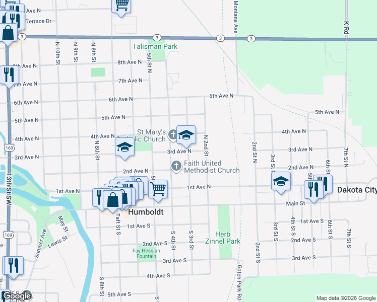 map of restaurants, bars, coffee shops, grocery stores, and more near 298 3rd Ave N in Humboldt