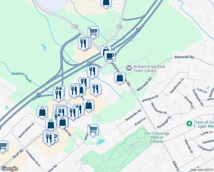 map of restaurants, bars, coffee shops, grocery stores, and more near 10 Ulenski Drive in Albany
